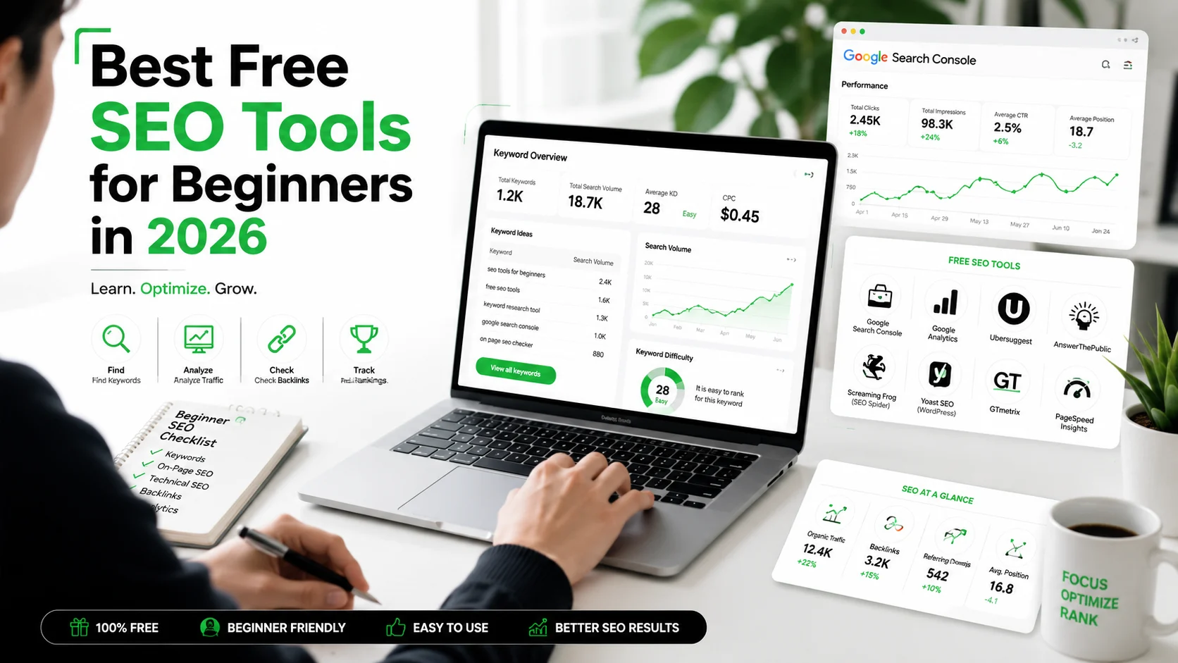 Best free SEO tools for beginners in 2026 shown on a laptop with keyword research and SEO analytics.