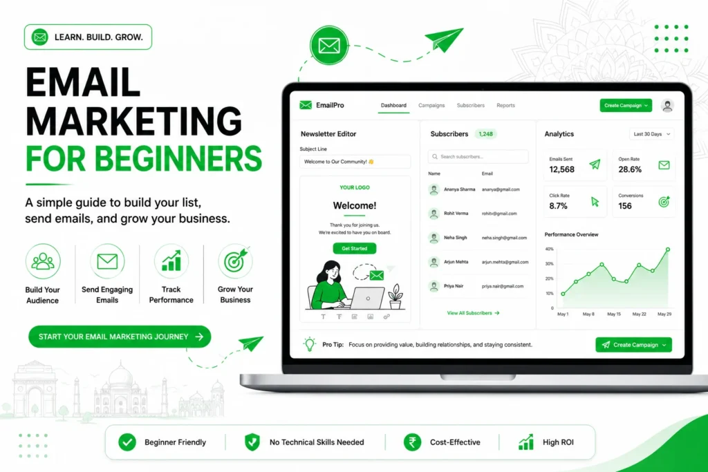 email-marketing-for-beginners-dashboard-on-a-laptop-showing-a-newsletter-editor-subscriber-list-and-simple-analytics