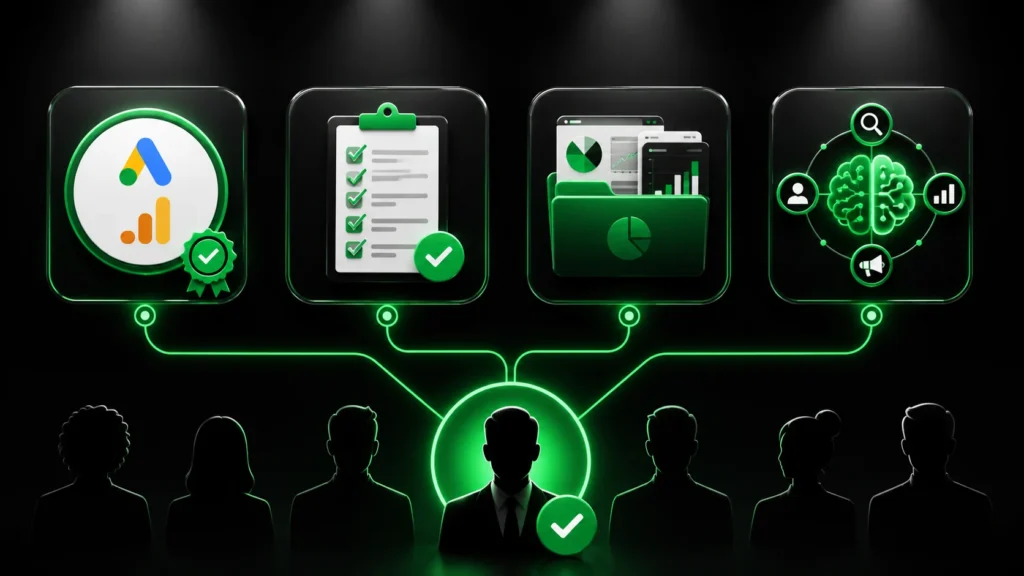 Four-icon infographic showing platform certs, assessments, portfolio, and AI skills as key hiring signals