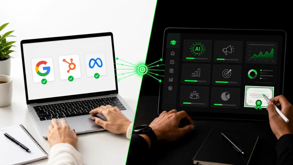 Split-screen showing free certification badges on left and structured AI-integrated course dashboard on right, connected by green accent lines