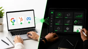 Split-screen showing free certification badges on left and structured AI-integrated course dashboard on right, connected by green accent lines