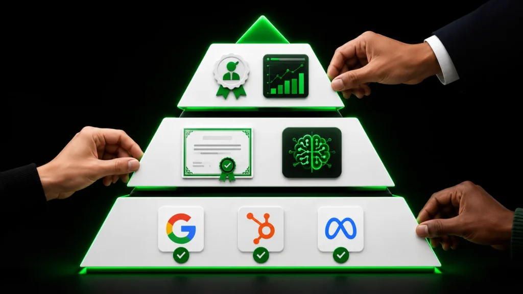 Three-layer pyramid showing free certs, paid AI course, and internship as progression to hiring