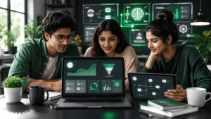 Beginners learning AI digital marketing in a modern training environment