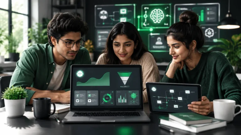 Beginners learning AI digital marketing in a modern training environment