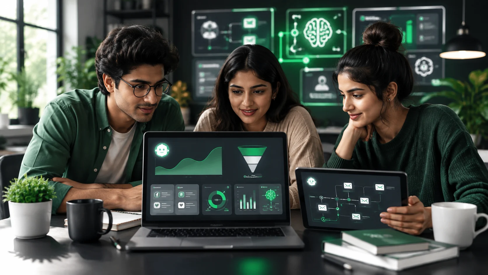 Beginners learning AI digital marketing in a modern training environment