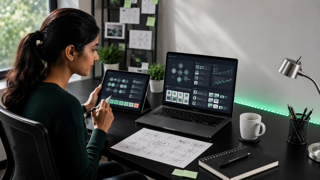 Digital Marketing Portfolio Projects: 9 Ideas for Beginners 2 Young Indian learner reviews keyword groups, search intent categories, content clusters, and organic traffic visuals for an SEO portfolio project.
