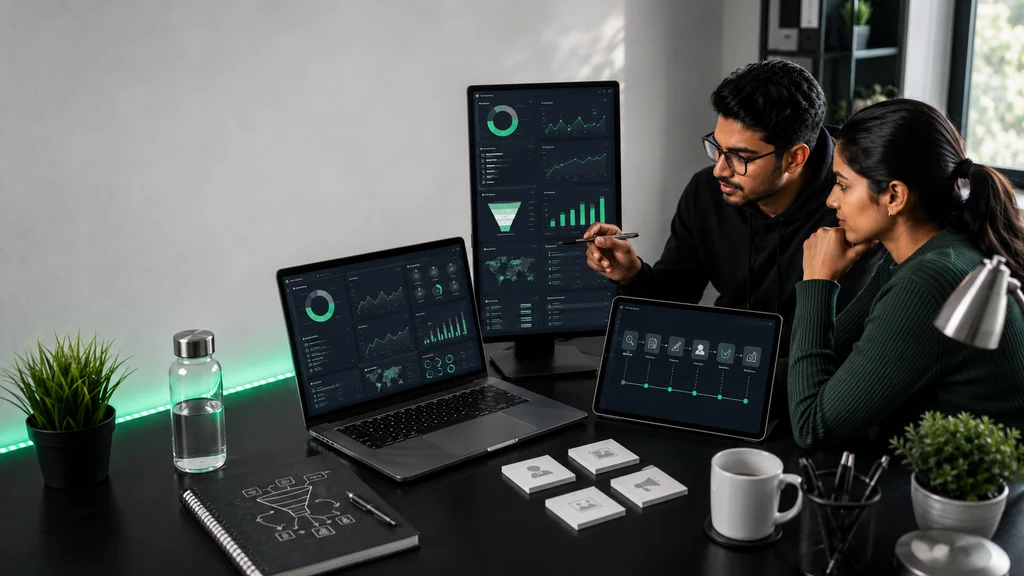 Digital Marketing Portfolio Projects: 9 Ideas for Beginners 3 Two young Indian learners review marketing analytics charts and a human-reviewed AI-assisted content workflow in a modern workspace.