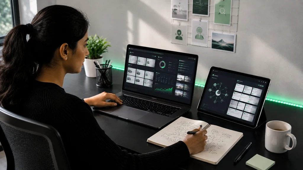 Digital Marketing Skills for Beginners: 10 Skills for 2026 2 Young Indian learner creates a content brief and reviews keyword research, search intent, article structure, and traffic visualisations on a laptop and tablet.