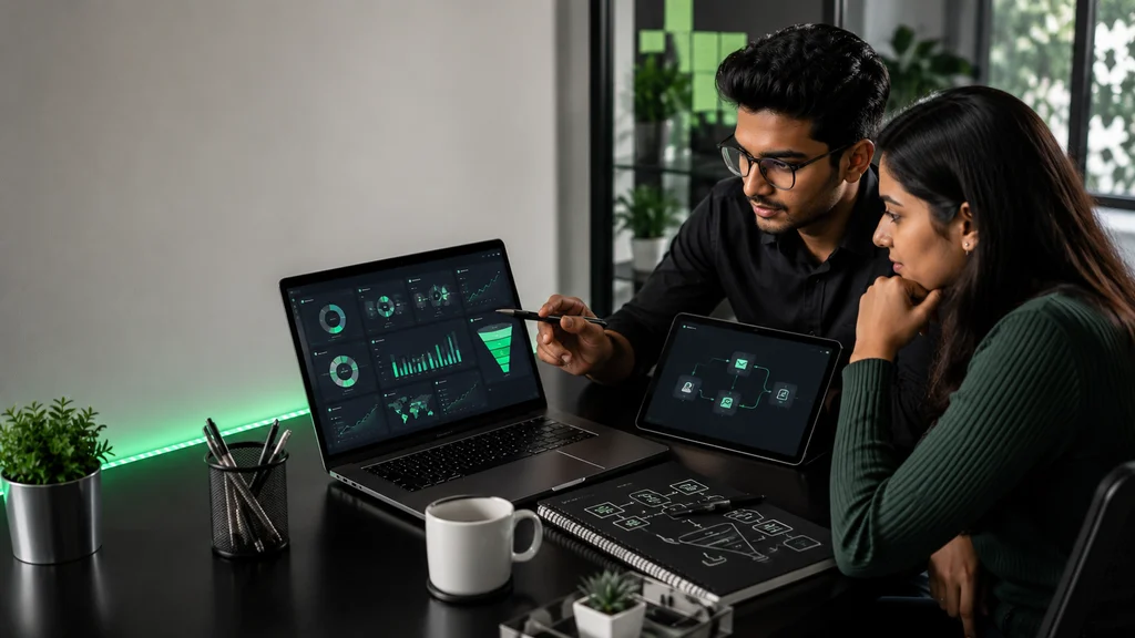 Digital Marketing Skills for Beginners: 10 Skills for 2026 3 Two young Indian learners review marketing analytics, email performance, conversion charts, and an automation workflow in a modern workspace.