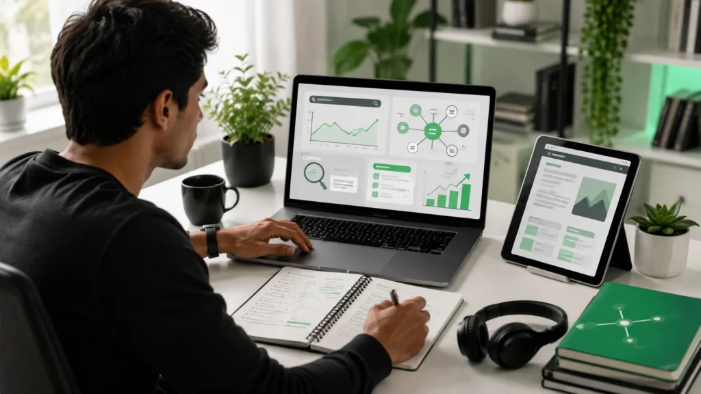 Beginner uses AI-assisted SEO research and content planning tools at a modern workspace.