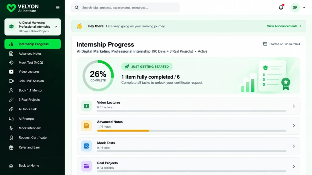 Screenshot of the VELYON learner Workspace showing internship progress and learning activities.